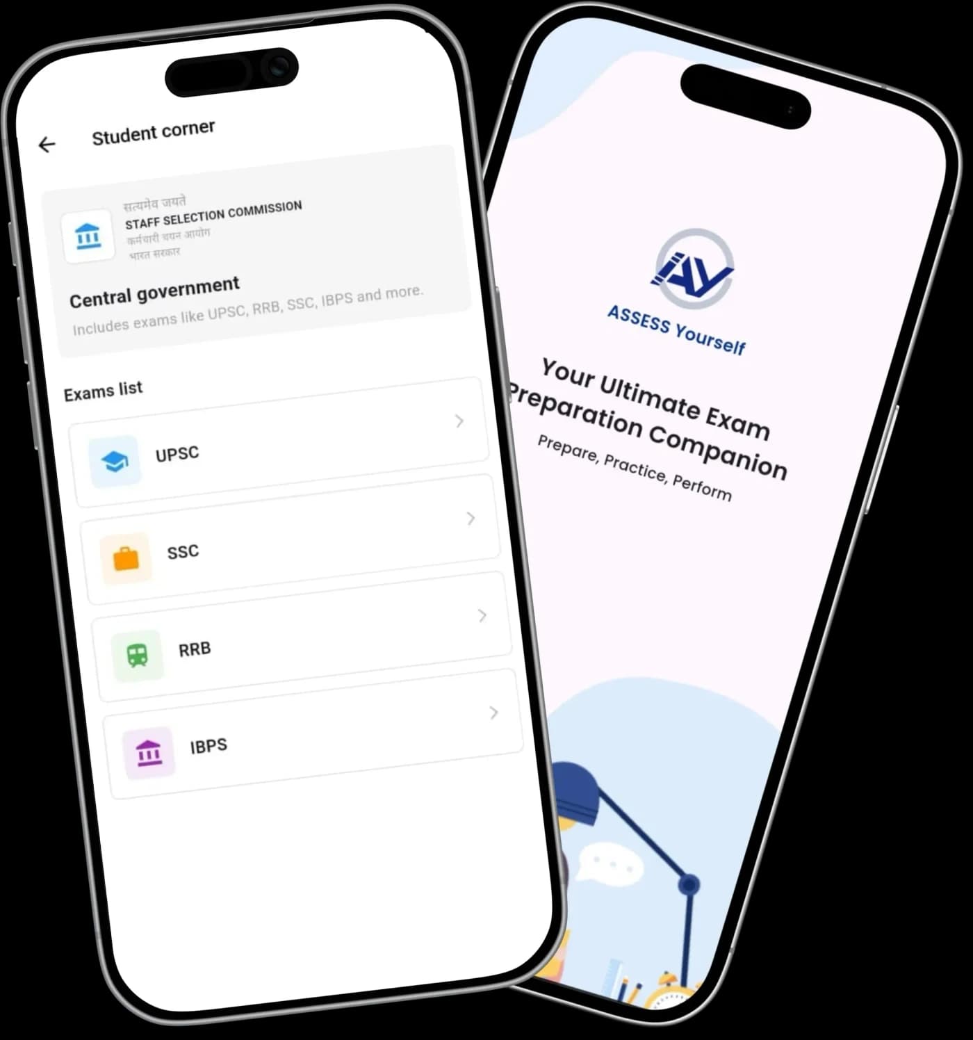 Assess Yourself: student corner exam list next to the app's splash screen, "Your Ultimate Exam Preparation Companion"