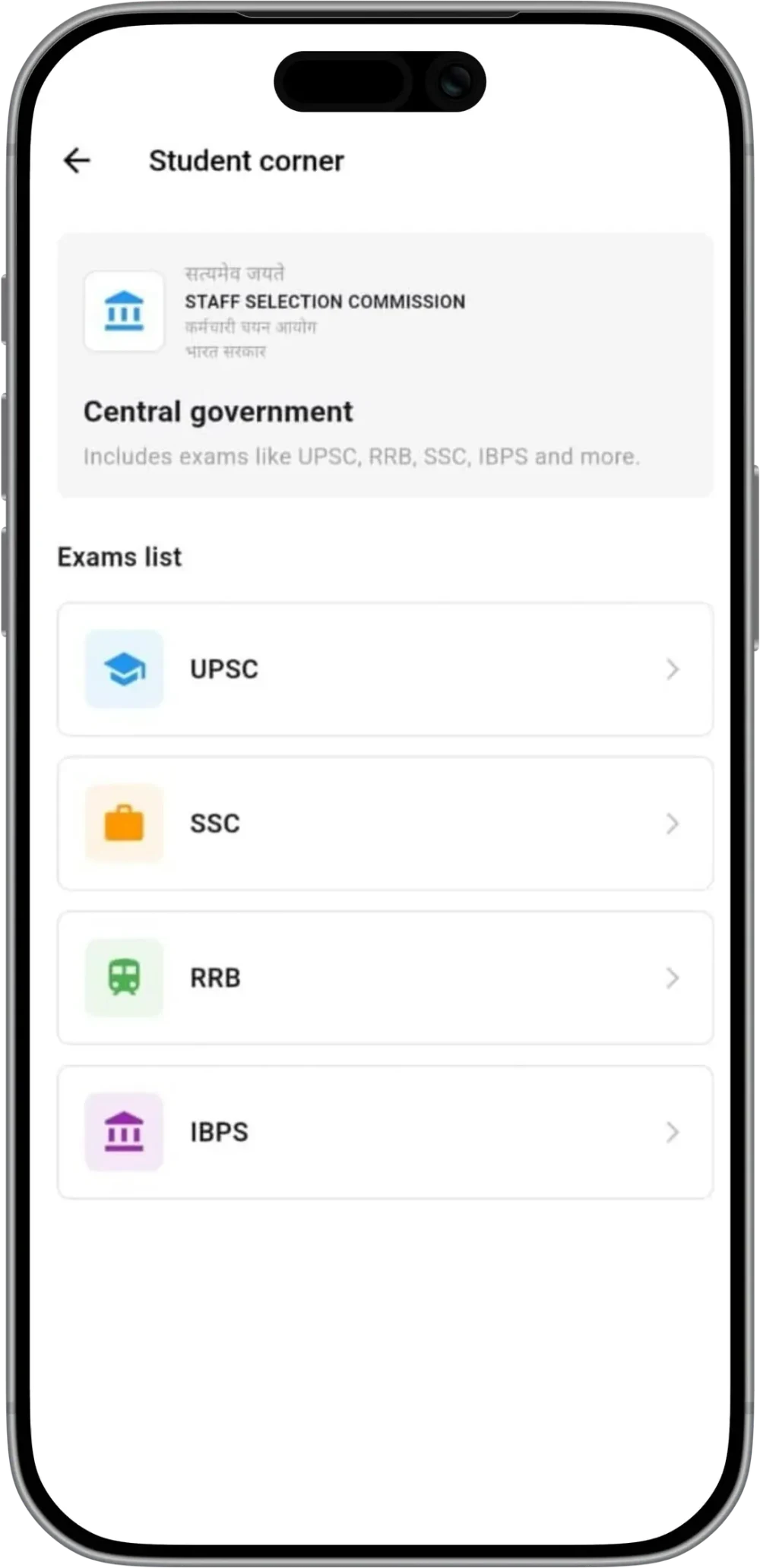 Student corner listing examination papers