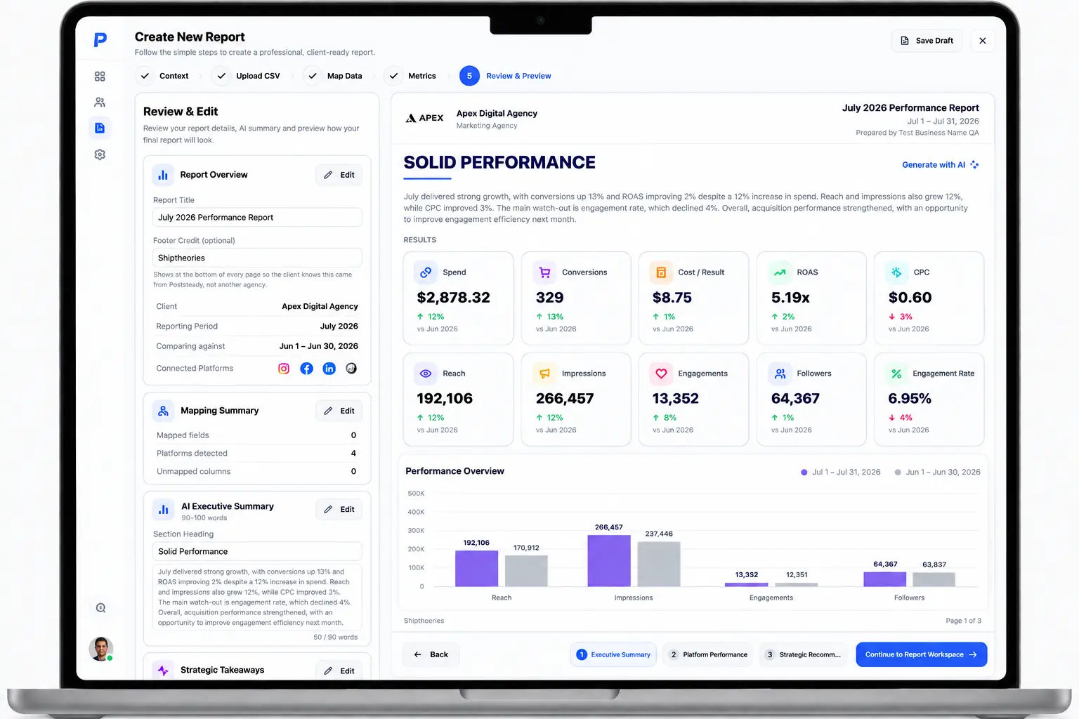 Review step, AI summary, editable