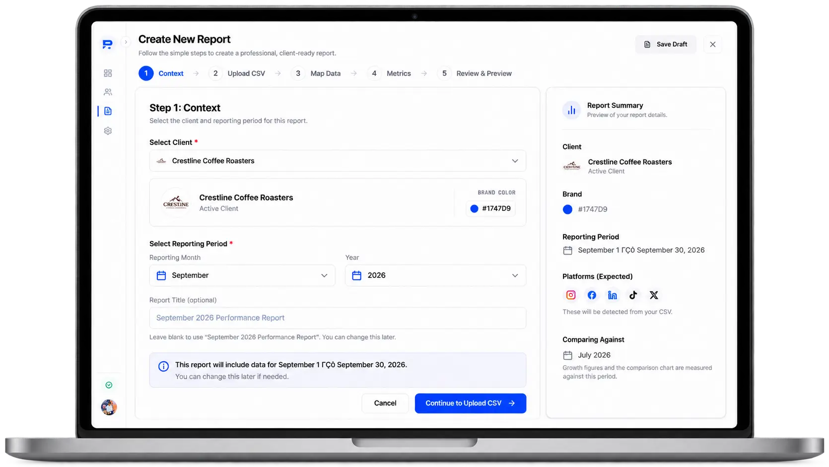 Setup step, Client and reporting month