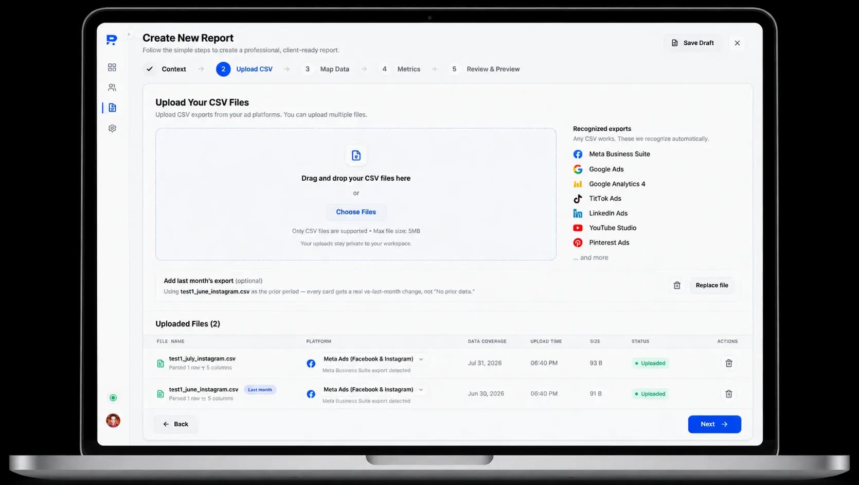 Upload step, File checks: rows, dates, platform