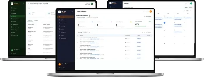 EHS Training Platform: an admin cohort page, the trainer dashboard and the class calendar