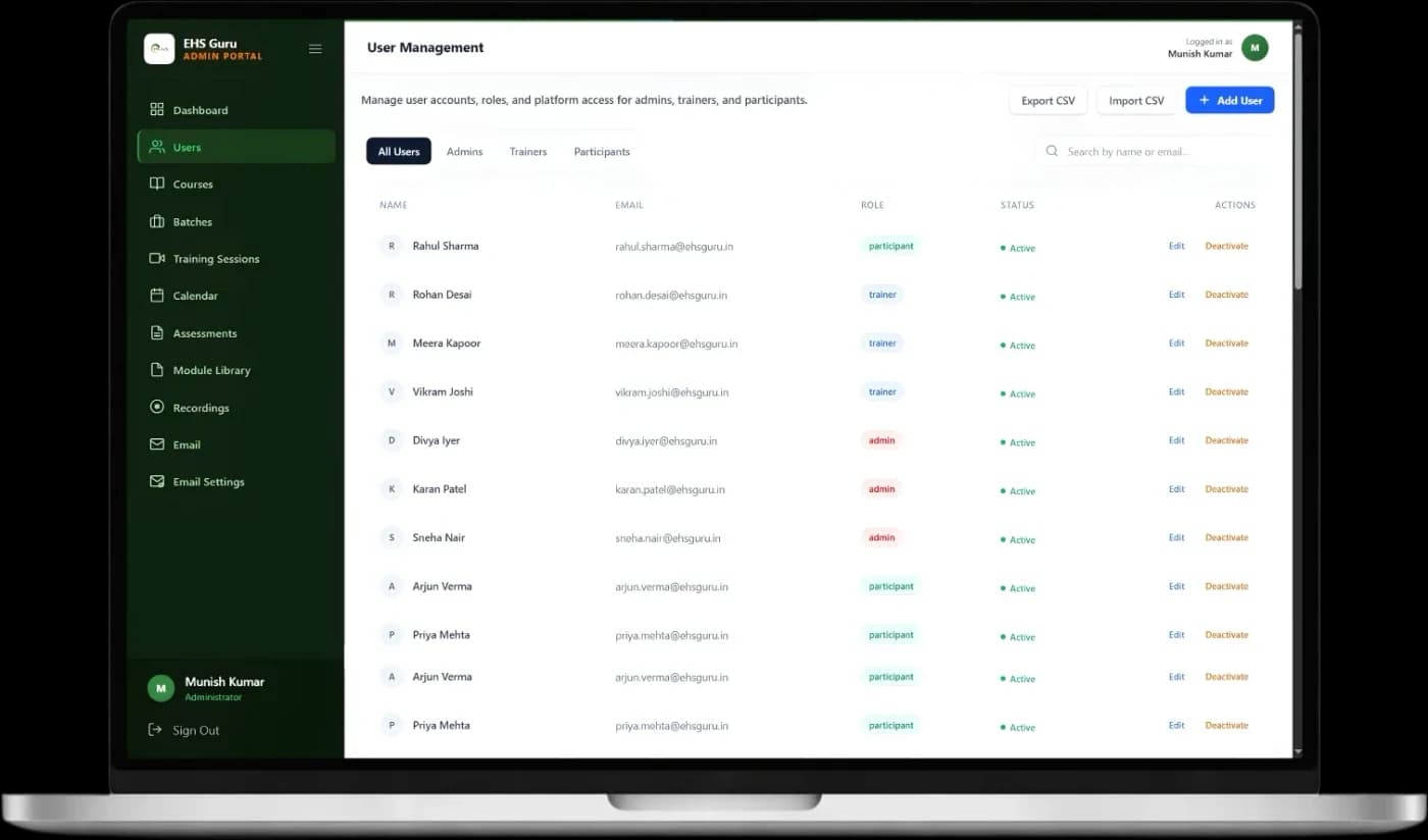 Admin user management with roles and CSV import